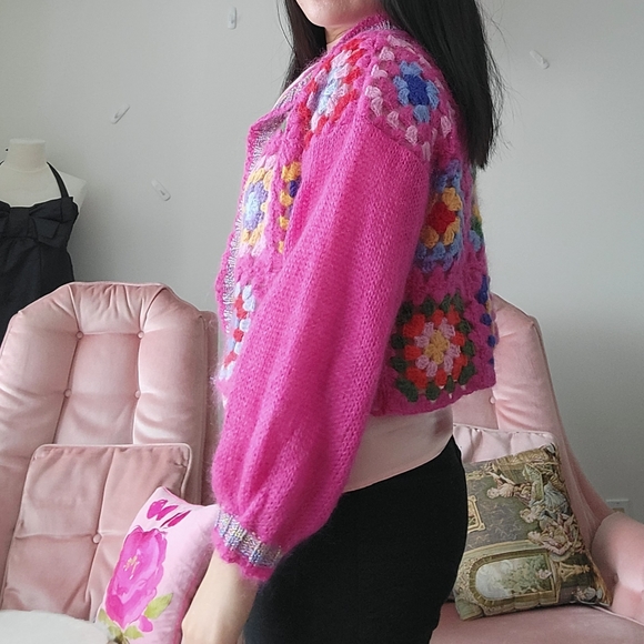 Rose Carmine crochet knit cardigan granny square mohair wool size small cropped - Picture 7 of 10